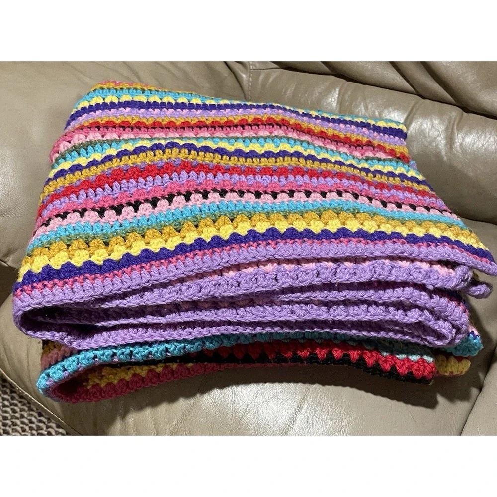 Handmade Rainbow Striped Afghan Crochet Blanket Throw Boho Grannycore 64